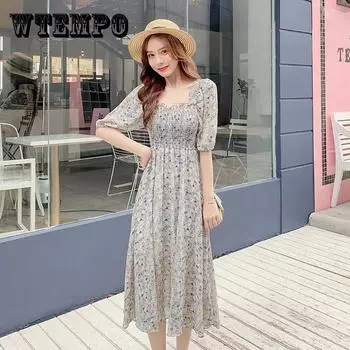 WTEMPO женские летние винтажные супер феи праздничные платья с высокой талией элегантное тонкое маленькое свежее шифоновое однотонное длинное платье с цветочным принтом XXXL