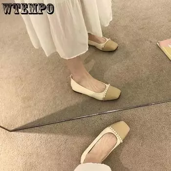 WTEMPO Женские одинарные туфли на мягкой подошве, одинаковые по цвету туфли на низком каблуке с квадратным носком, повседневные и удобные, универсальные, модные, элегантные, с жемчугом, на плоской подошве 35 чёрный