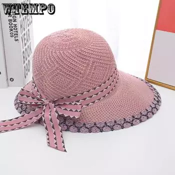 WTEMPO женские однотонные летние вязаные панамы с бантом, складные, дышащие, с широкими полями, для путешествий на открытом воздухе и пляжа 1pc хаки