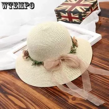 WTEMPO Женские однотонные пляжные летние солнцезащитные шляпы, элегантные сетчатые банты, складные пляжные цветочные венки, солнцезащитные шляпы 1pc хаки