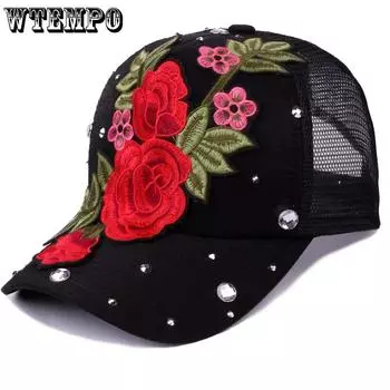 WTEMPO Женские однотонные сетчатые кепки с вышивкой в стиле пэчворк, дышащие, со стразами, летние модные универсальные повседневные солнцезащитные шляпы 1pc
