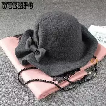WTEMPO женские однотонные шерстяные шапки осень-зима женские шляпы-котелки симпатичные шляпы-ведра с бантом шляпы рыбака One Size чёрный