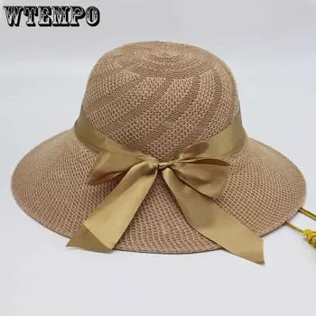 WTEMPO Женские однотонные шляпы с широкими полями и бантом для отдыха на природе, солнцезащитные шляпы, элегантные, повседневные, складные, летние шляпы для путешествий и пляжа 1pc хаки