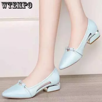 WTEMPO Женские однотонные туфли на низком каблуке, весенне-осенние, дышащие, полые, со стразами и бисером, на толстом каблуке, с острым носком, на мягкой подошве, кожаные туфли 35 белый