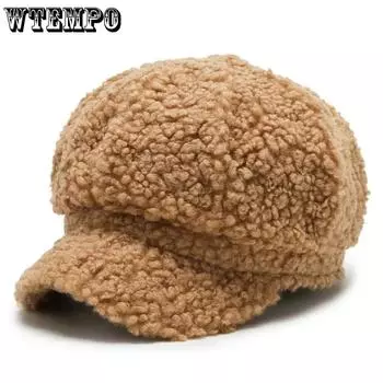 WTEMPO женские осенне-зимние шапки из овечьей шерсти, теплые шляпы в корейском стиле, утепленные, ветрозащитные, плюшевые, однотонные, универсальные береты 1pc чёрный