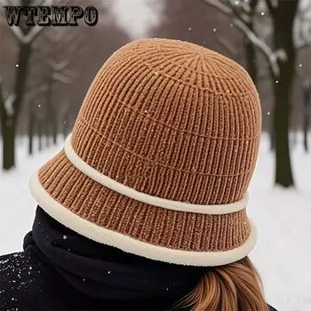 WTEMPO Женские осенне-зимние теплые вязаные панамы, большие однотонные ветрозащитные и морозостойкие мягкие шерстяные шапки 1pc хаки