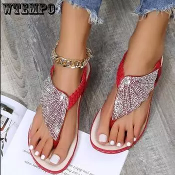 WTEMPO Женские повседневные летние бохо-сандалии со стразами на клипсах женские пляжные сандалии на плоской подошве сандалии больших размеров 36 бордовый