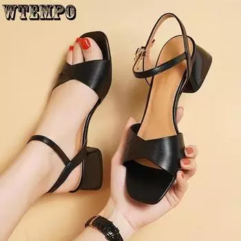WTEMPO женские босоножки летние на среднем толстом каблуке с квадратным носком однотонные из мягкой кожи с пряжкой в одну линию со стразами туфли на высоком каблуке дышащая мягкая подошва 35 чёрный