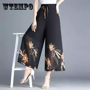 WTEMPO женские шифоновые брюки длиной до щиколотки, широкие брюки в форме юбки, свободные брюки с высокой талией, крутые и дышащие M чёрный