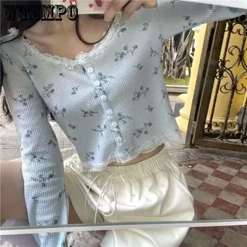 WTEMPO женские шикарные корейские кардиганы, милые укороченные топы, лоскутные кружевные однобортные топы с цветочным принтом для девочек, универсальные однобортные топы в стиле ретро S белый