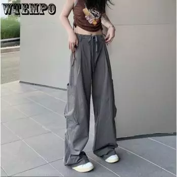 WTEMPO женские широкие брюки уличная Y2K Harajuku повседневные модные прямые брюки брюки-карго женские спортивные штаны для бега S чёрный