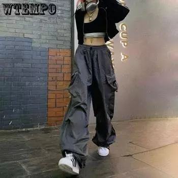 WTEMPO женские широкие брюки уличная Y2K корейская версия Harajuku повседневные модные брюки для бега большого размера одежда оптом S чёрный