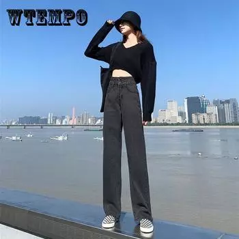 WTEMPO Женские широконогие брюки Двубортные Брюки Со средней талией Супер Высокая талия Длинная прямая нога Свободные и тонкие брюки S