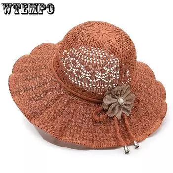 WTEMPO Женские шляпы весна-лето с широкими полями и бантом, однотонные, с открытым верхом, дышащие, складные, пляжные, солнцезащитные шляпы 1pc хаки