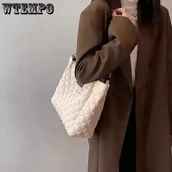 WTEMPO Женские сумки большой вместимости на одно плечо, стеганая сумка-тоут в стиле ретро, модные универсальные сумки для поездок на работу 38x10x26cm чёрный