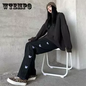 WTEMPO женские свободные повседневные джинсовые брюки с широкими штанинами и принтом бабочки, прямые брюки, очень длинные XXL чёрный