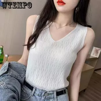 WTEMPO Женские свободные трикотажные майки с V-образным вырезом, весна-лето, однотонные эластичные жилеты-камизолы, короткие трикотажные базовые жилеты большого размера M розовый