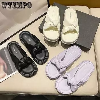 WTEMPO женские тапочки на толстой подошве, модные уличные модные сандалии с мягкой подошвой, удобные и универсальные, элегантные пляжные повседневные сандалии на плоском каблуке с бантом 35 чёрный