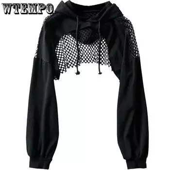 WTEMPO женские толстовки с ультра короткими сетчатыми пуловерами, толстовки, цельный укороченный топ с длинными рукавами в готическом стиле для девочек, уличная одежда