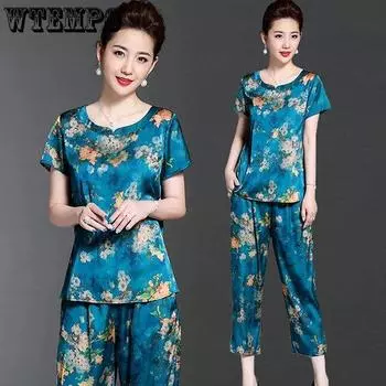 WTEMPO женские топы с короткими рукавами и круглым вырезом и укороченные брюки с эластичной резинкой на талии и карманами, комплект из 2 предметов, женский повседневный костюм с принтом L синий