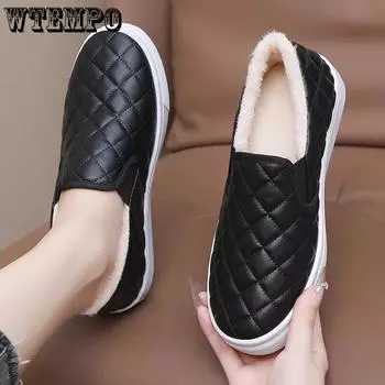 WTEMPO Женские туфли из искусственной кожи, однотонные, с мягкой подошвой, на плоской подошве, с нескользящей подошвой, осенне-зимние, большого размера, теплые, плюшевые, повседневные туфли из ПУ 36 чёрный