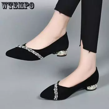 WTEMPO Женские туфли на низком толстом каблуке со стразами и острым носком, элегантные рабочие туфли из искусственной кожи с неглубоким носком из полиуретана черного цвета 35 чёрный
