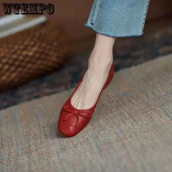 WTEMPO Женские туфли на одинарной подошве с бантиком, однотонные, удобные повседневные туфли на низком каблуке, универсальные, с круглым носком, на мягкой подошве, элегантные, милые, темпераментные туфли на плоской подошве 35 красный