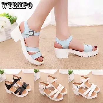 WTEMPO/женские туфли на среднем каблуке, уличная обувь с пряжкой, туфли на платформе, с круглым носком, на платформе, на высоком каблуке, босоножки на танкетке 35 белый