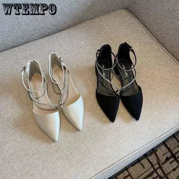 WTEMPO Женские туфли на высоком каблуке с универсальным темпераментом Модные и повседневные однотонные туфли с пряжкой из стразов на толстом каблуке с острым носком 35 чёрный