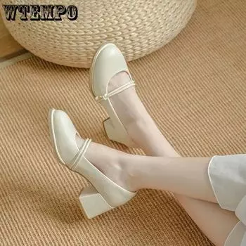 WTEMPO Женские туфли на высоком каблуке с круглым носком, однотонные однотонные туфли на толстом каблуке, модные и универсальные удобные рабочие туфли на мягкой подошве в сказочном стиле 35 абрикосовый