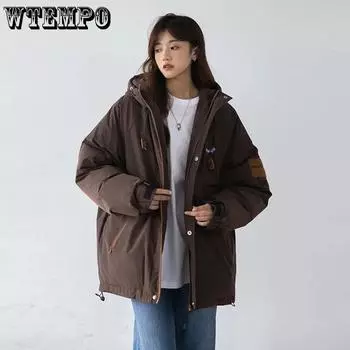 WTEMPO Женские утепленные пуховые пальто, большие размеры, свободные пальто с хлопковой подкладкой, однотонные пальто на молнии с карманами S коричневый