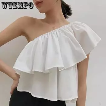 WTEMPO женские однотонные рубашки с открытыми плечами весна-лето женские повседневные свободные рубашки без рукавов с оборками черные белые топы M белый