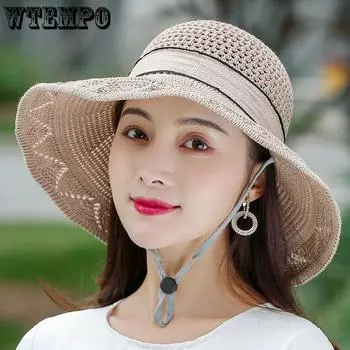 WTEMPO Женские весенне-летние повседневные широкополые шляпы для отдыха на природе, пляжа, дышащие солнцезащитные шляпы с ветрозащитной веревкой 1pc бежевый