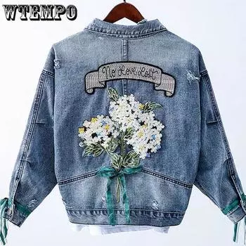 WTEMPO женские весенне-осенние джинсовые куртки большого размера с принтом, короткие пальто со свободными пуговицами и пайетками, длинными рукавами и отложным воротником с бантом S