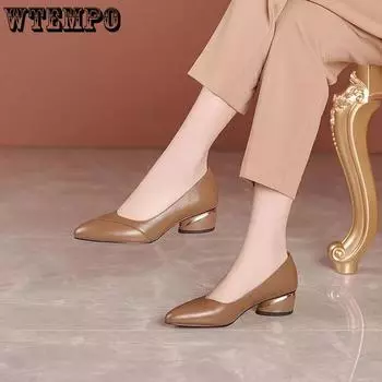 WTEMPO женские весенние и осенние однотонные туфли с острым носком, средний толстый каблук, резиновая нескользящая подошва, мягкие кожаные туфли, удобные, универсальные 37 чёрный