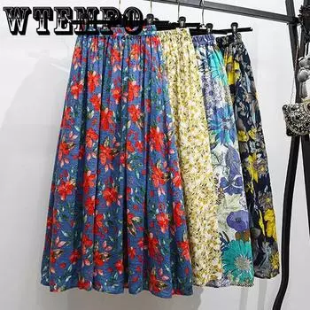 WTEMPO женские весенние свободные юбки трапециевидной формы в этническом стиле с высокой талией, летние хлопковые плиссированные юбки большого размера с принтом XL