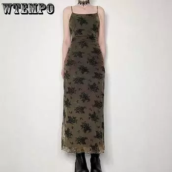 WTEMPO женские винтажные элегантные сетчатые платья макси с принтом, летнее темное академическое готическое вечернее длинное платье, женские универсальные наряды Y2K S чёрный