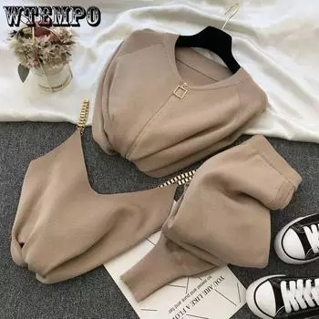 WTEMPO женские вязаные кардиганы на молнии, свитера + брюки + жилеты с цепочкой, комплект из трех предметов, женские джемперы, брюки, костюмы, костюм S хаки