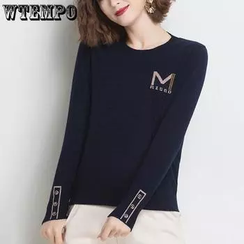WTEMPO Женские вязаные пуловеры на весну и осень, универсальные однотонные свитера с длинными рукавами, топы с круглым вырезом, джемперы, трикотаж S темно-синий