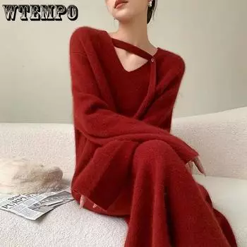 WTEMPO Женские вязаные свитера платья осень зима пальто длинный ремешок однотонный цвет V-образный вырез лента корейский стиль мода Y2k S белый
