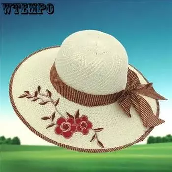 WTEMPO Женские вышитые однотонные широкополые шляпы с бантом для защиты от солнца для путешествий на открытом воздухе, пляжа, складные летние шляпы-ведра 1pc хаки