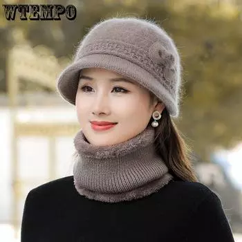WTEMPO женские зимние шапки теплые шапки для мам с меховой подкладкой теплая шапка шарф комплект женская повседневная вязаная шапка из меха кролика Hat + Scarf хаки