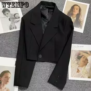 WTEMPO женский элегантный короткий пиджак, повседневное офисное винтажное пальто, однотонные куртки на одной пуговице с длинным рукавом и зубчатым воротником S бежевый