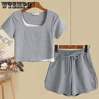 WTEMPO женский летний хлопковый костюм, летние футболки с короткими рукавами + спортивные шорты, комплект из двух предметов, женский модный однотонный повседневный костюм S чёрный