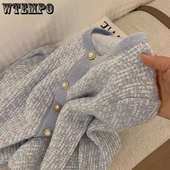 WTEMPO Женский синий свитер с круглым вырезом и жемчужными пуговицами Кардиган Дамы Длинный рукав Повседневный Винтаж Мешковатые трикотажные топы Верхняя одежда One Size небесно-голубой