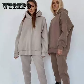 WTEMPO женский спортивный костюм, комплект из двух предметов с флисовым капюшоном, свободные толстовки, штаны для бега, женский осенний повседневный однотонный спортивный костюм XL дубильная кора