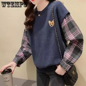 WTEMPO Женский свитер большого размера на весну и осень, свободный универсальный пуловер, повседневный вязаный свитер с длинными рукавами XL синий