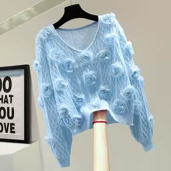 WTEMPO Женский свитер с длинным рукавом и V-образным вырезом, модный цветочный трикотаж для девочек, мягкие и удобные вязаные топы, свитера S розовый