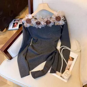 WTEMPO Женский свитер с длинным рукавом и открытыми плечами, модный цветочный трикотаж для девочек, нерегулярная вязка, топы, свитера L