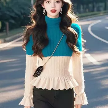 WTEMPO Женский свитер с длинным рукавом и высоким воротом, тонкий трикотаж, расклешенный подол, вязаные топы, свитера S красный